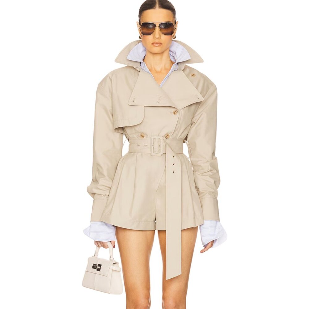 NEW Helsa The Short Trench Jumpsuit in Khaki Cream Tan Mini Long Sleeve Romper